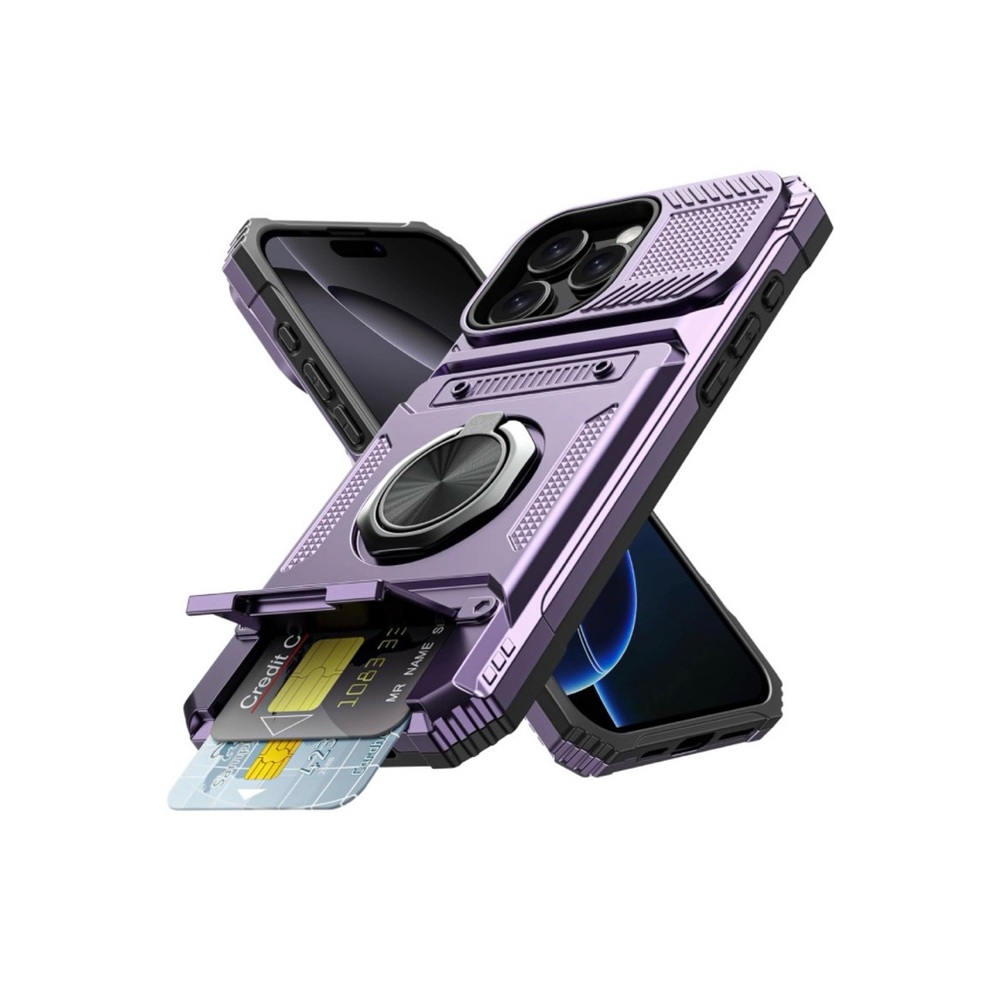 Purple iPhone 16 Pro Case Wallet with Card Holder [Store 2 Cards] + 360° Rotated